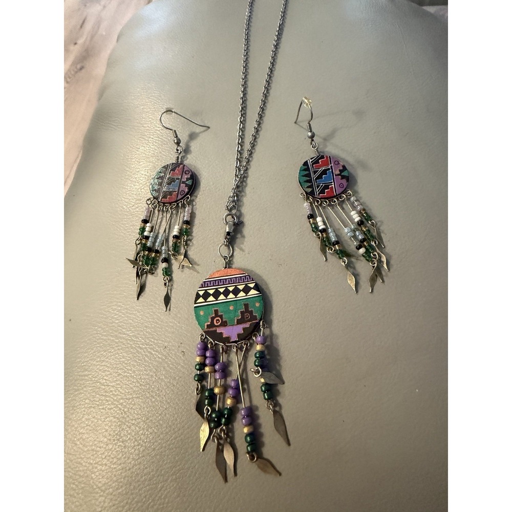 Southwest Western Aztec Pattern Drop Dangle Beaded Earrings & Necklace #430